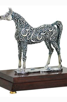 Horse sculpture with Arabic calligraphy on wooden base