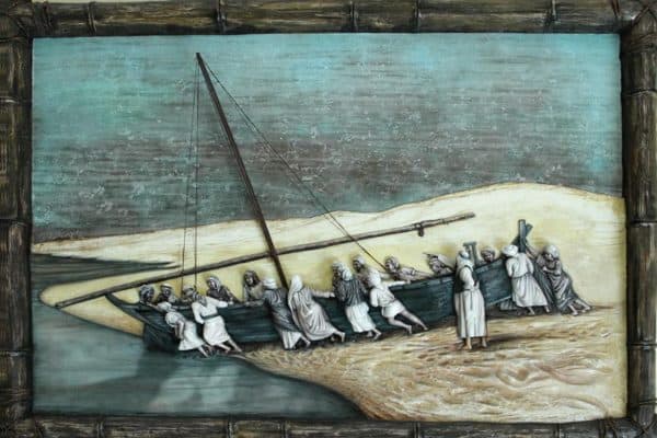 3d painting of Arabic sailors and boat