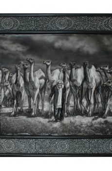 3d painting of Arabic man and camel gazing