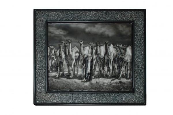 3d painting of Arabic man and camel gazing