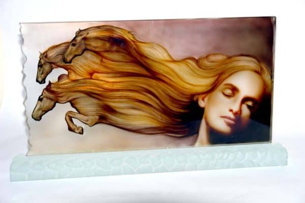 3d art glass painting of woman and horse