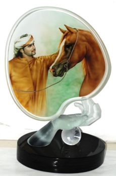 3d portraits in glass of Dubai prince with horse