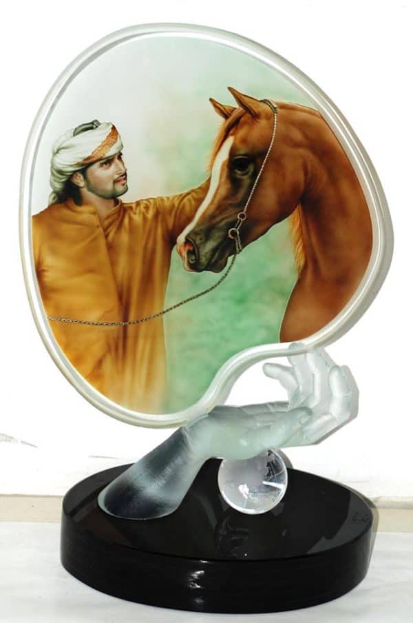 3d portraits in glass of Dubai prince with horse