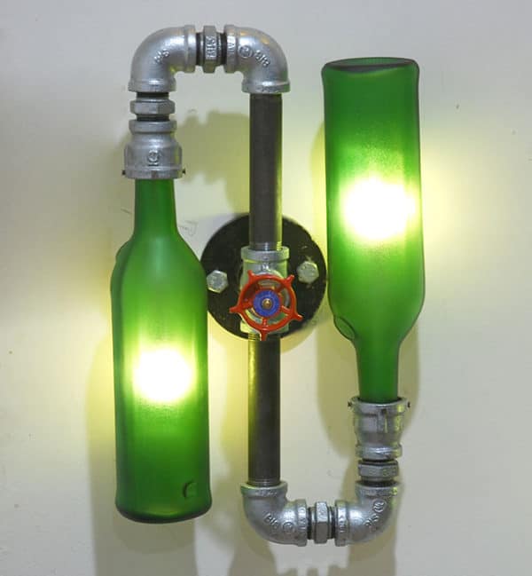 Green glass lamp shade made from up cycled glass bottles