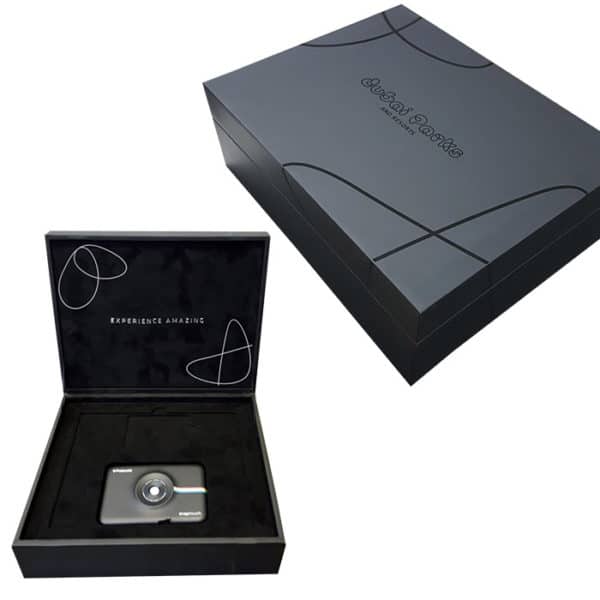 Black customized wooden gift box with UV spot printing