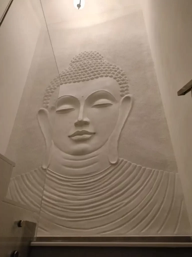 Serene 3D Buddha wall relief exuding a peaceful vibe, perfect for spas, meditation rooms, or tranquil home interiors.