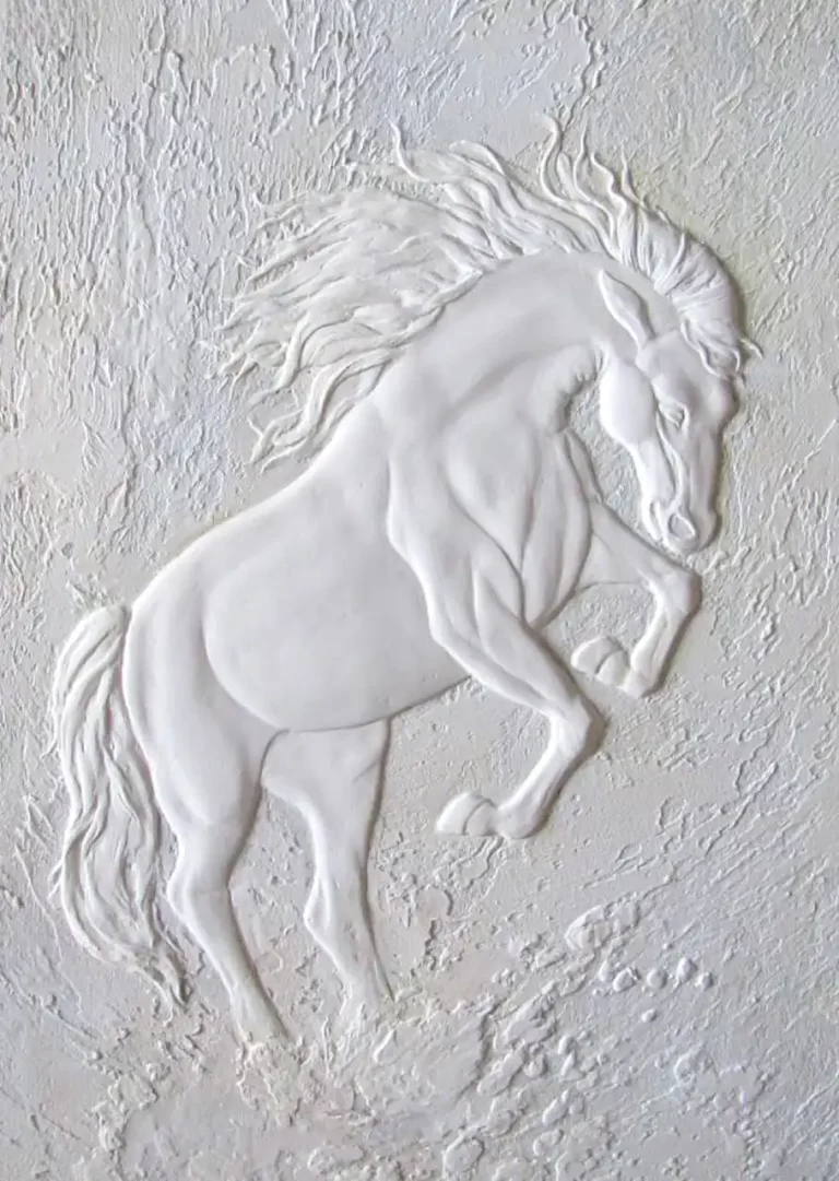 White textured 3D horse relief featuring a rearing stallion, perfect for bespoke wall art in Dubai or Abu Dhabi.