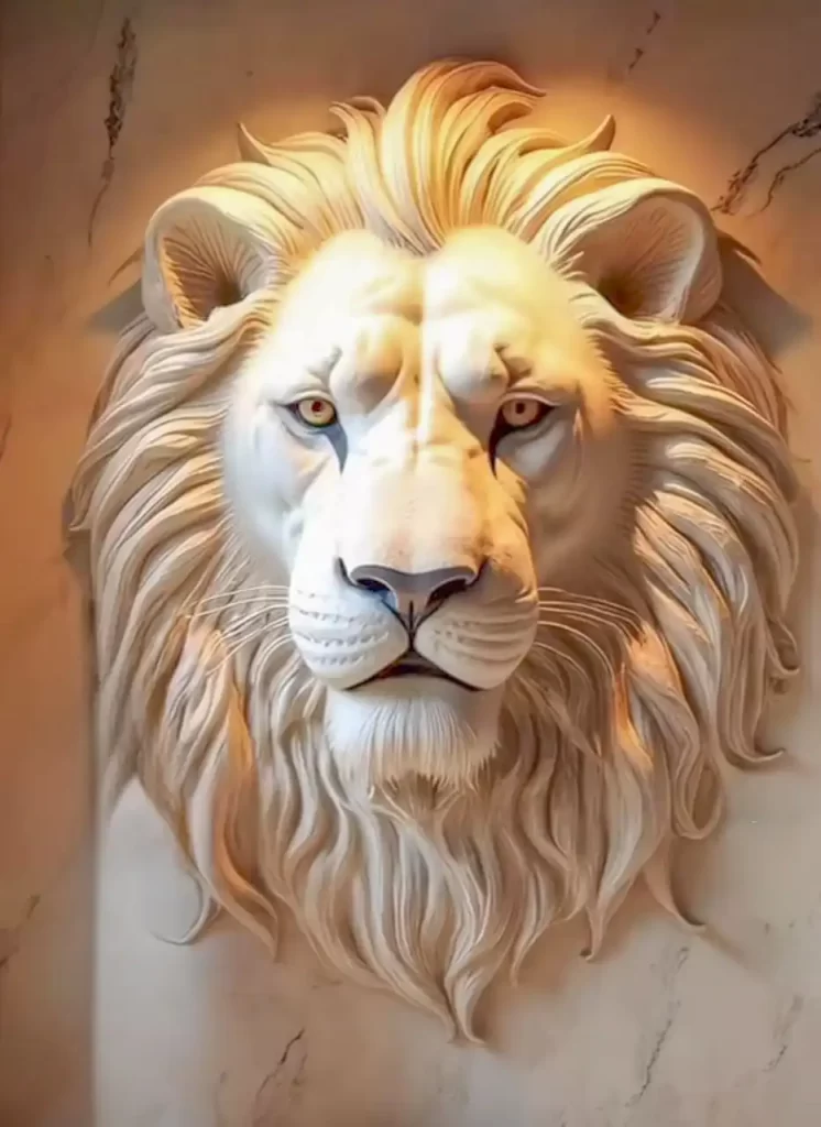 Detailed white 3D lion relief sculpture on a marble-textured wall, showcasing artistic wall decor in the UAE.