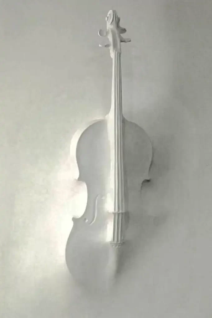 Minimalist white 3D violin wall sculpture, bringing musical elegance and artistic flair to luxury settings.